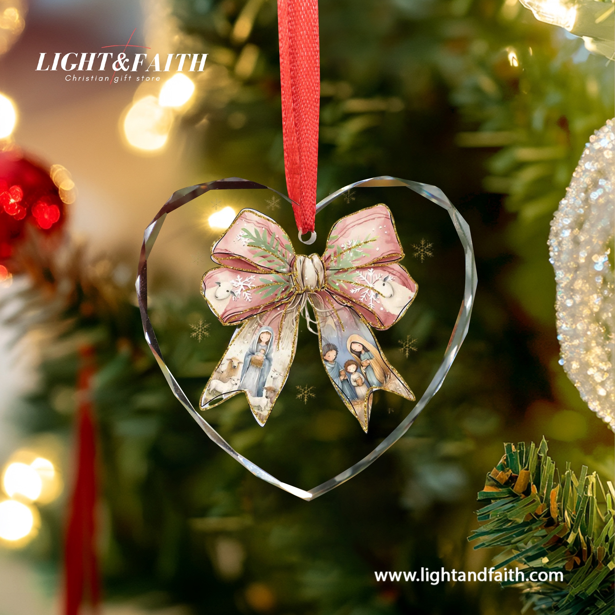 Nativity Bow Glass Ornament, Holy Family Christmas Decoration, Virgin Mary and Baby Jesus Ornament, Christian Faith Gift, Religious Tree Decor DCLAF52